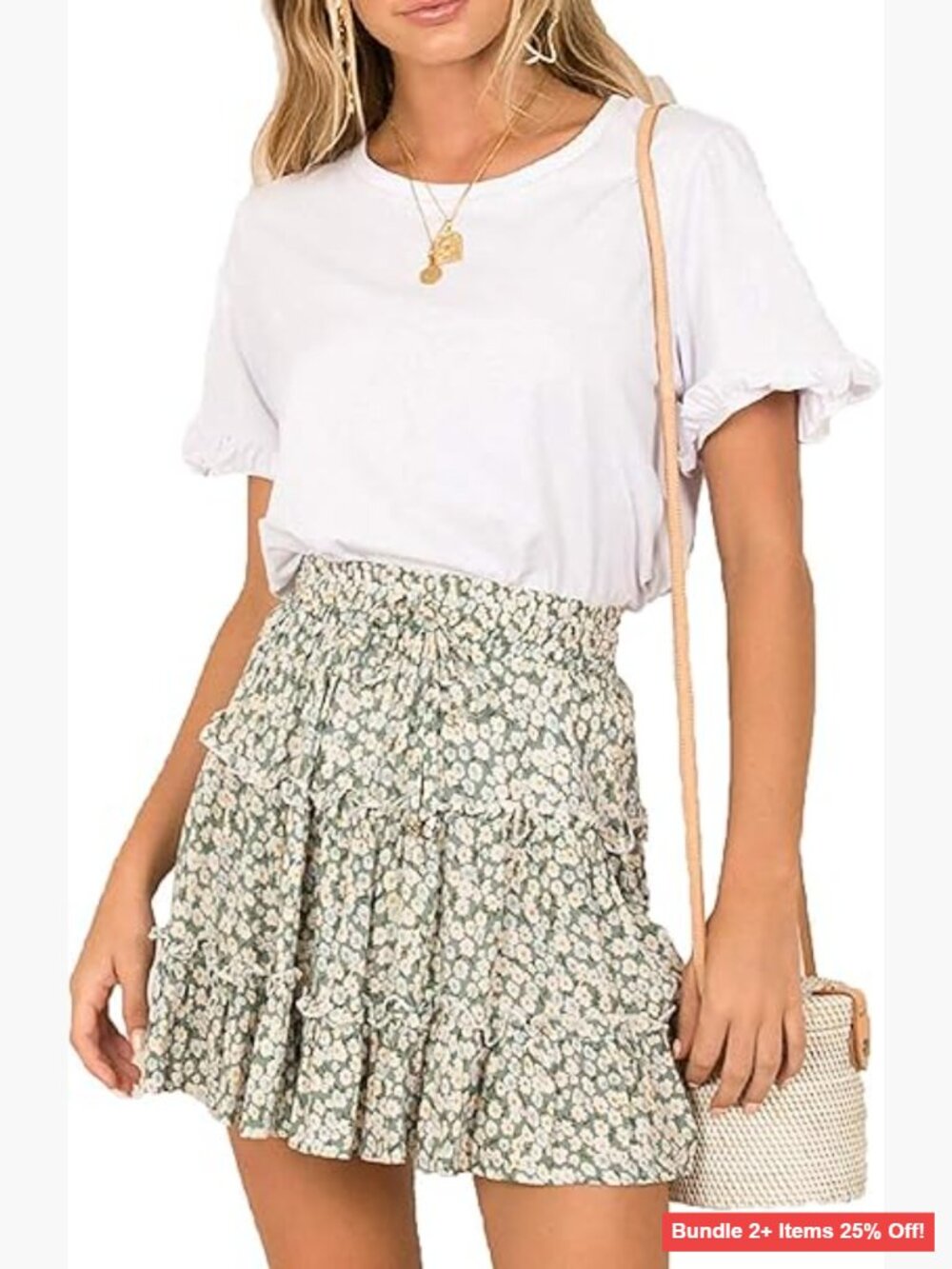 High Waist Flowy Skirt Floral Print Ruffle Hem Elastic Waist Summer Beach